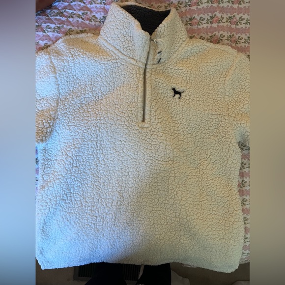 Victoria's Secret Pink White Sherpa Fleece Quarter Zip Pullover Sweater - Picture 2 of 3